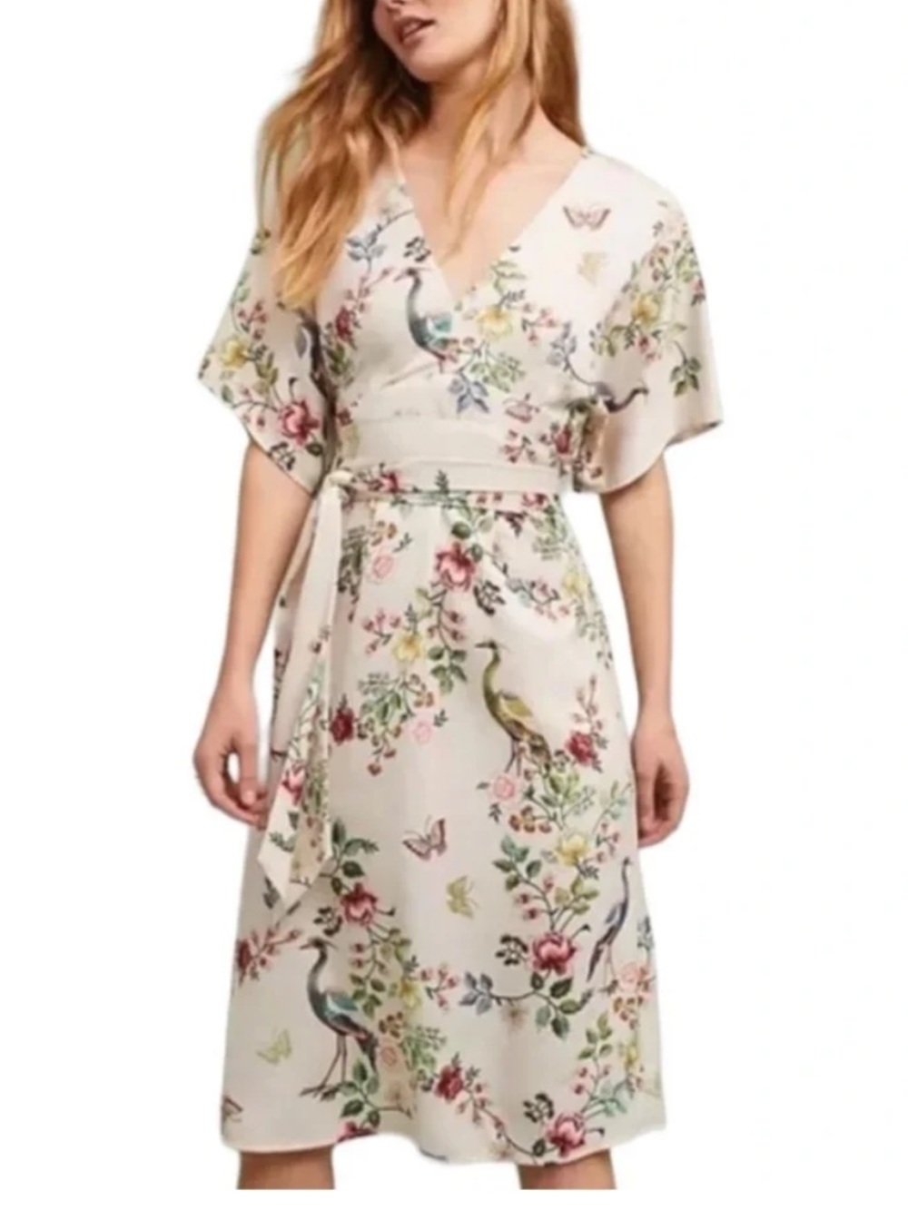 Anthropologie‎ dRA Floral Bird Print Dress in Soft Blush size 14 NWT